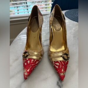 Aldo Size 39 Red and Gold Tapestry Women's Heels